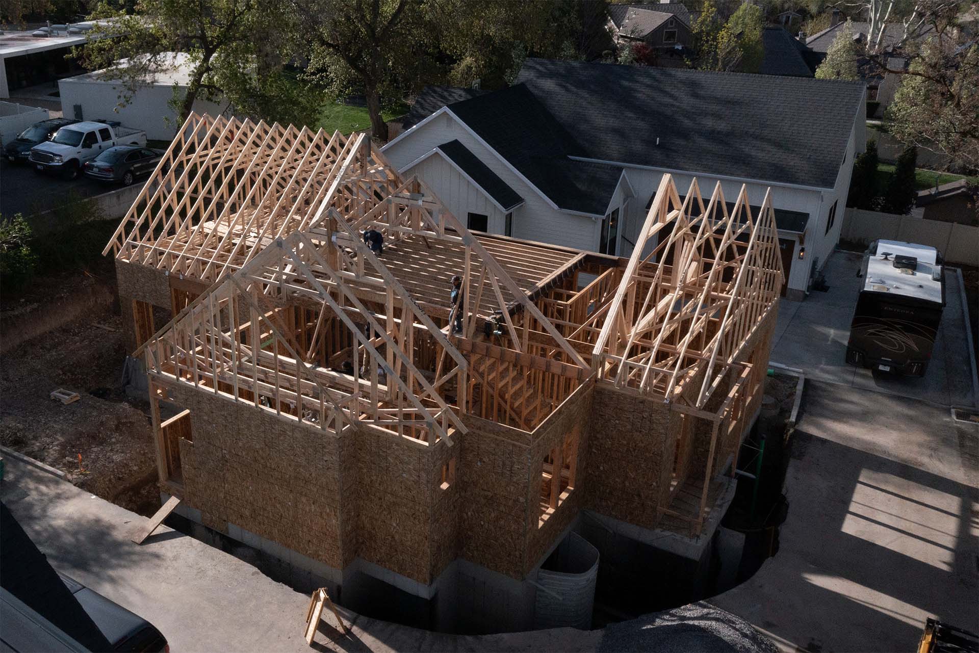 aerial view of a prefab house trusses